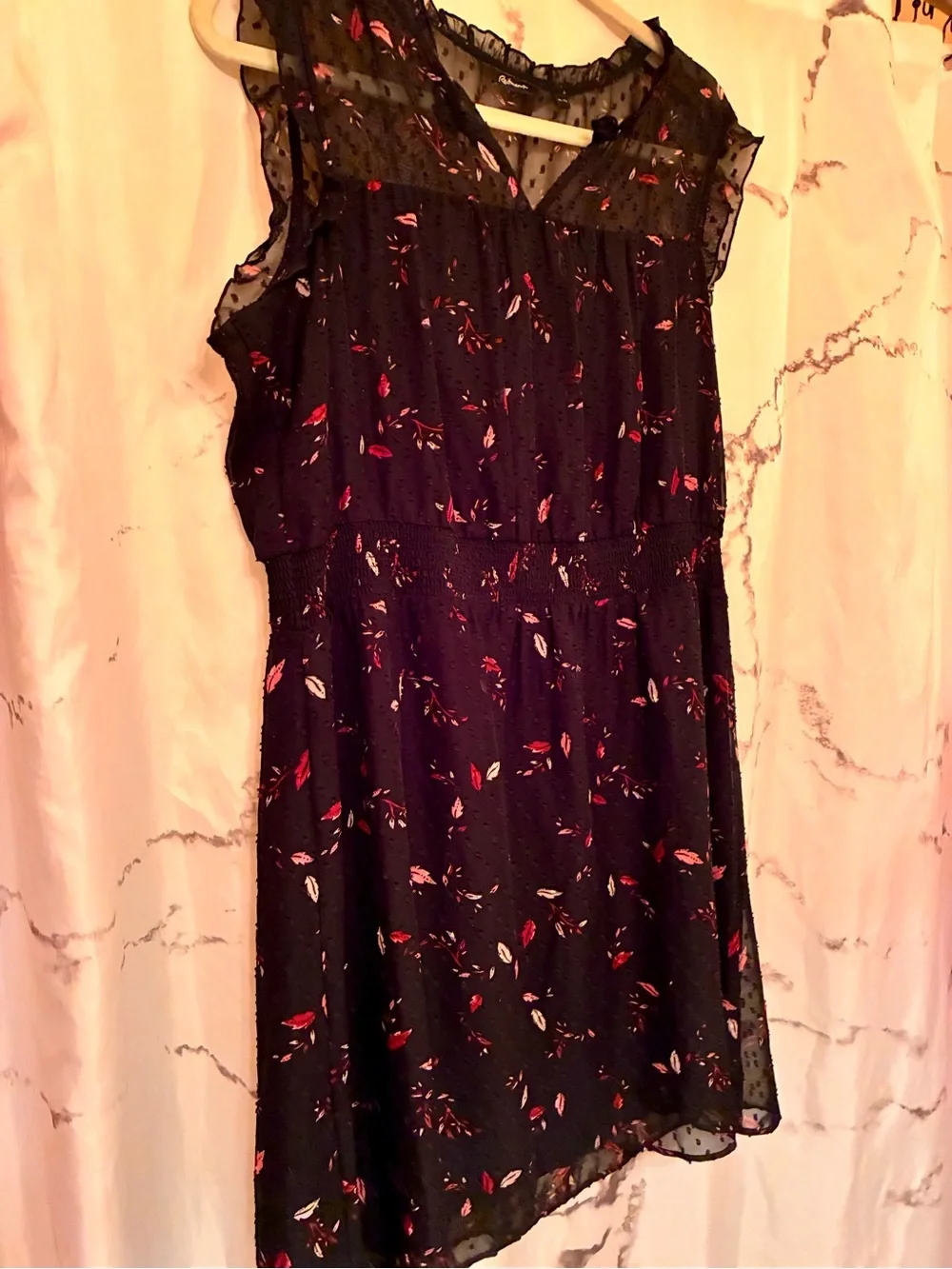 Reitmans Black Sheer Dot Dress with Pink & Red Floral Accents - Picture 3 of 3